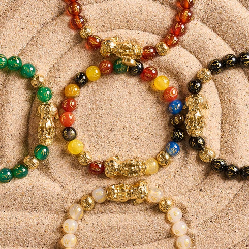 Pixiu Feng Shui Bracelet | GOLD Element | White Agate x 18k Gold
